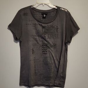 Aeropostale Women's Charcoal Gray Graphic Short Sleeve Tee with Sequin Shoulder